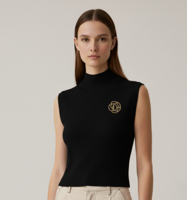 High collar tank top with embroidery
