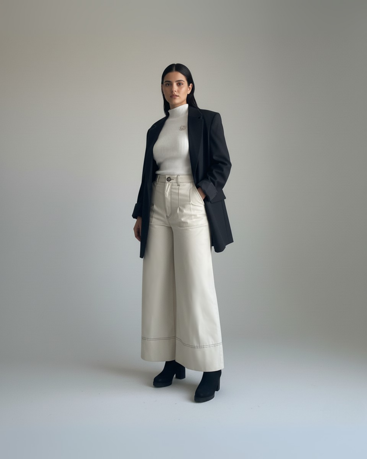 Person wearing a black blazer, white turtleneck, beige wide-leg pants, and black shoes on a plain background