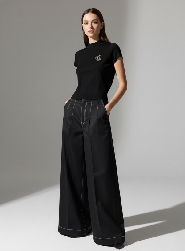 The classy short-sleeved with high collar top and embroidery